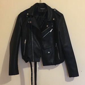 Faux leather motor biker jacket with belt